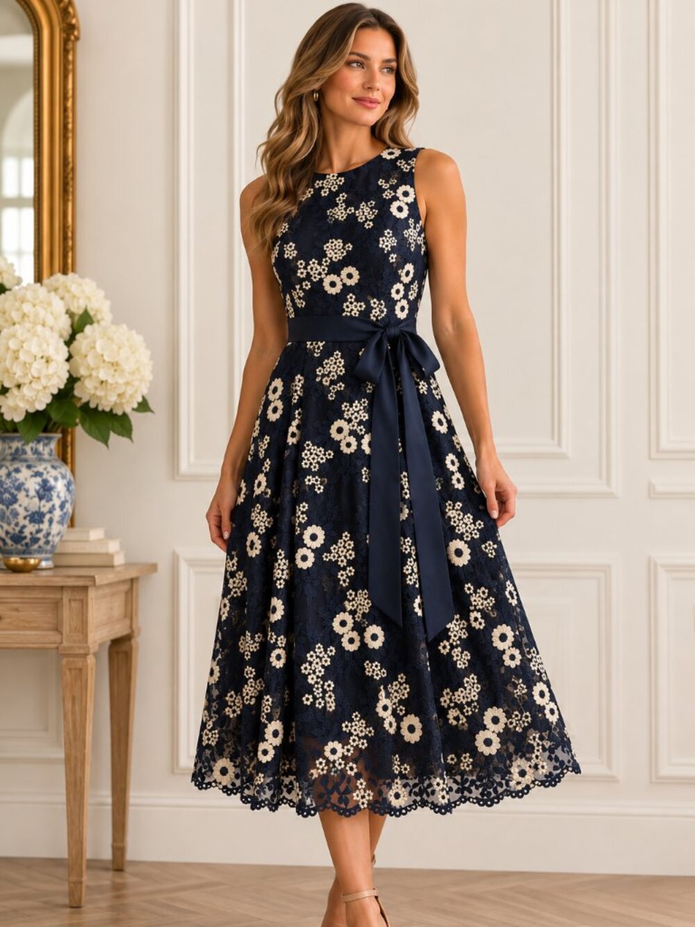 Tahari ASL Navy & Cream Floral Embroidered Lace Midi Dress Size 8